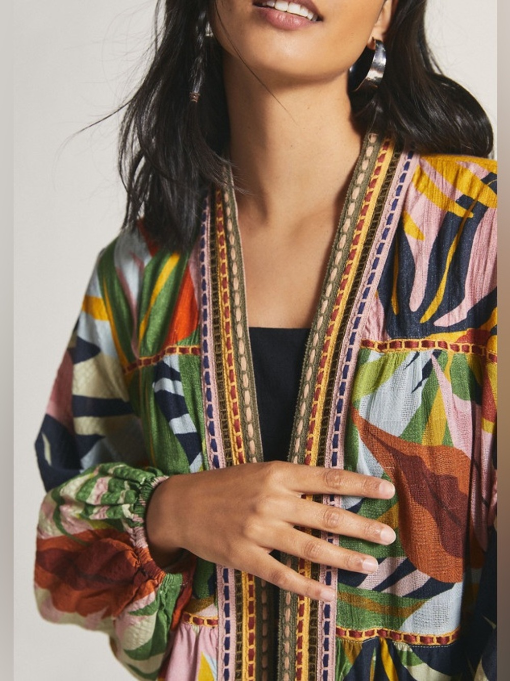 Anthropologie Conditions Apply Tropical Leaf Duster Boho Embroidered Trim Kimono - Picture 3 of 14